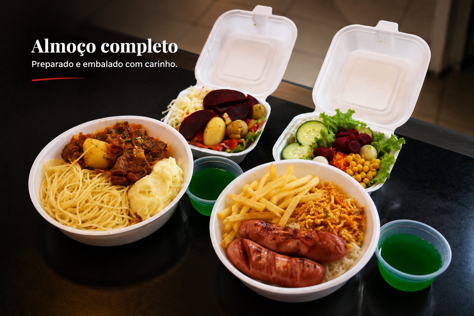 Duas opções de marmita com saladas e sobremesa do Família Nishimura