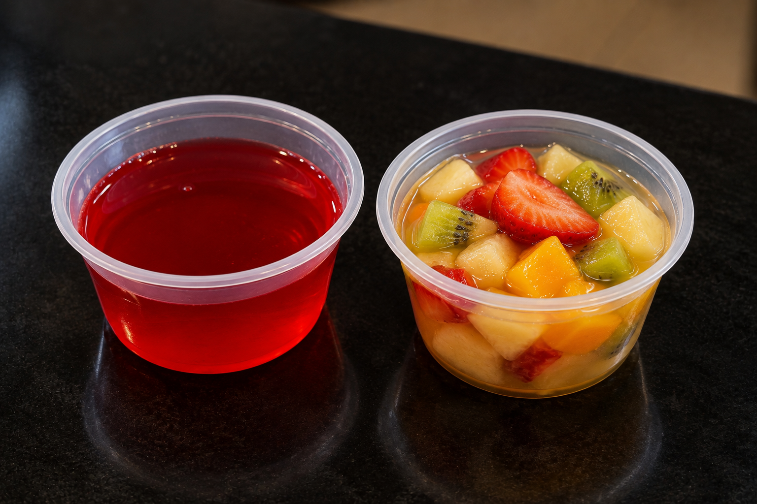Gelatina de morango e salada de frutas, sobremesas cortesia do Família Nishimura